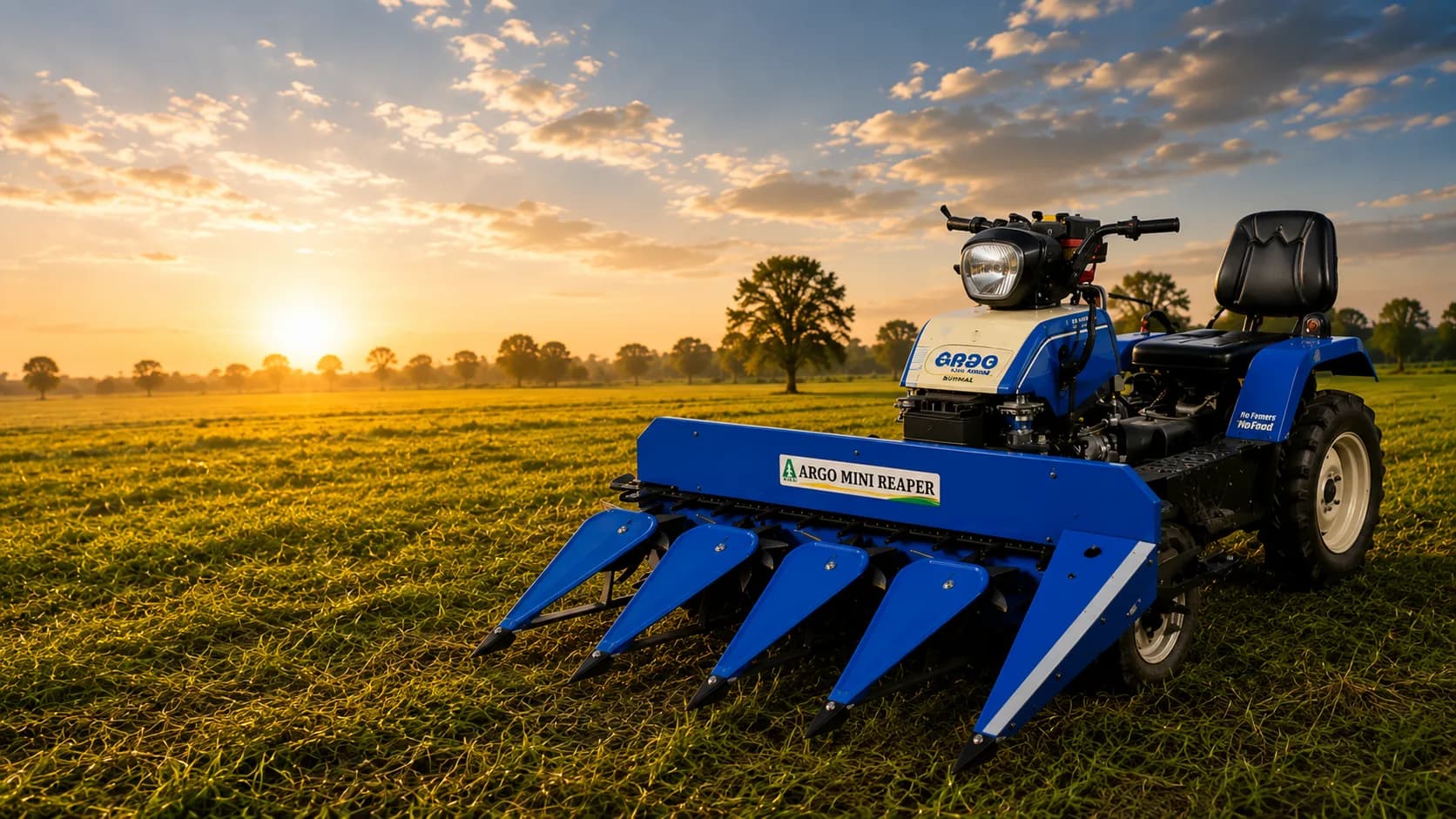 ARGO Mini Reaper harvesting a golden paddy field at sunrise in Punjab